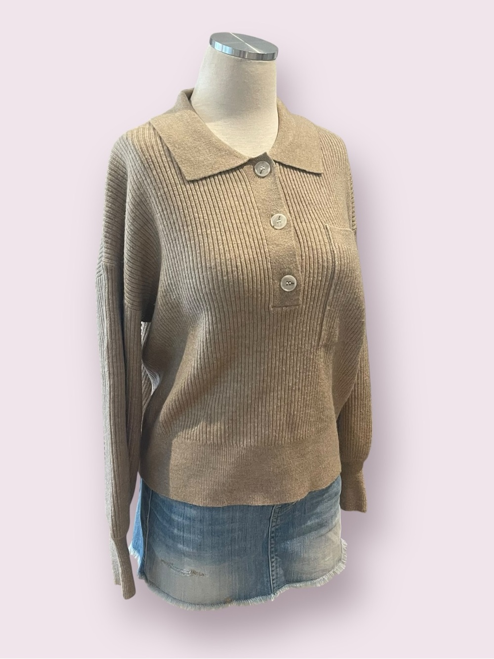 Mable Tan Ribbed Polo-Neck Button Sweater - Picture 2 of 7